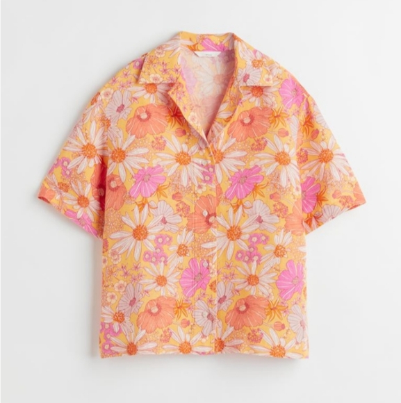 H&M Tops - ⛔SOLD⛔🆕️NWT H&M Patterned Linen-blend Resort Shirt in 'Orange/Floral'